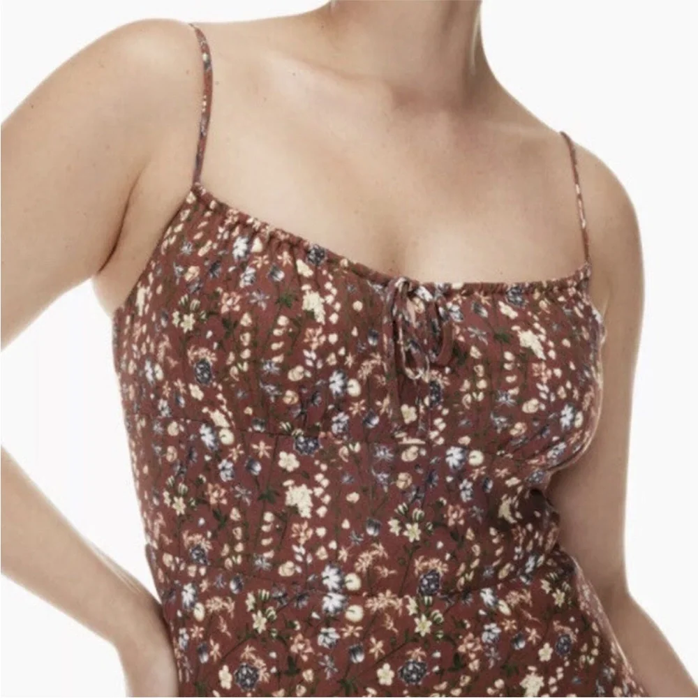 ARITZIA Wilfred Bellow Midi Dress Brown Floral Smocked Back Milkmaid Size 2 - Picture 2 of 8